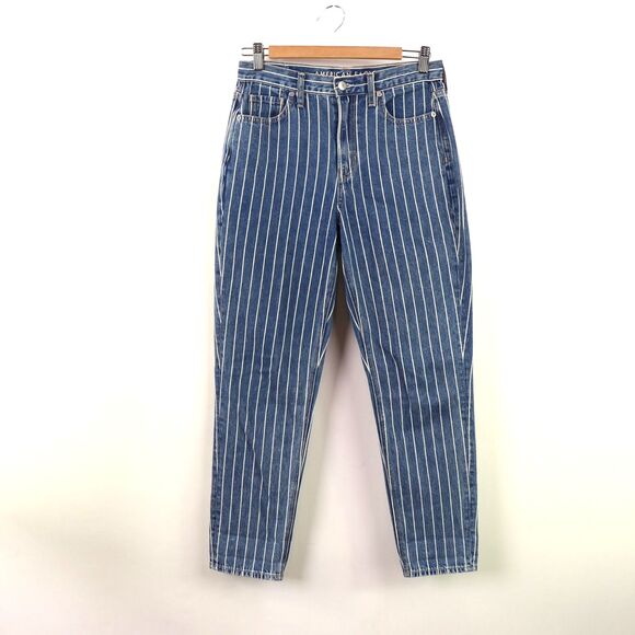 American Eagle Pin Stripe Blue Mom Jean High Rise Tapered Leg Size 4 - Picture 1 of 5